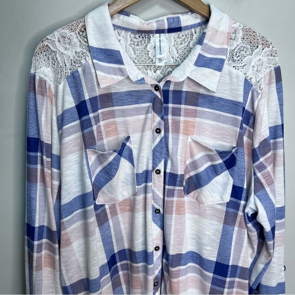 Warehouse One Plaid Button Down Shirt Floral Lace - Picture 4 of 10